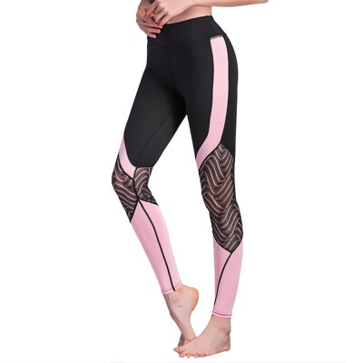 

Women Sport Leggings Crochet Lace Splicing Color Block High Waist Skinny Stretch Casual Gym Yoga Pants Black