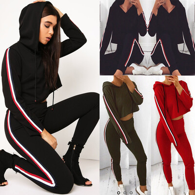 

Women Two Piece Set Tracksuit Hooded Drawstring Crop Top Sport Pants Side Stripes High Waist Casual Sweat Suit