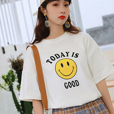 

JOY OF JOY Jingdong Womens 2019 Korean version of the new short-sleeved T-shirt female students smile pattern print summer dress loose shirt female JWTD191834 white