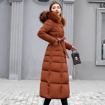 

Womens cotton coat womens winter Korean version of the long section over the knee color fur collar large size down cotton suit Slim cotton jacket