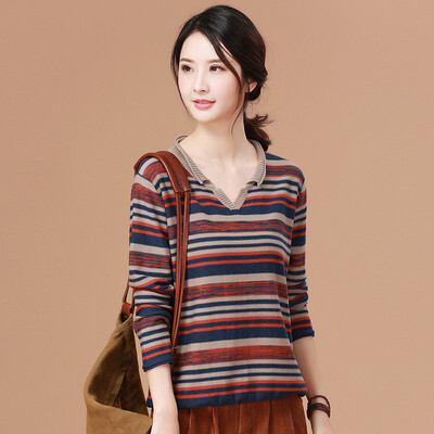 

Yu Zhaolin 2019 new Korean version of loose lazy wind sweater women casual wild V-neck striped sweater YWYC191266 Navy blue