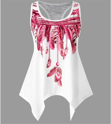 

New Women Sleeveless Feather Printed Vest Tank Top O Neck Asymmetrical Tee Shirt Plus Size Summer Blouse
