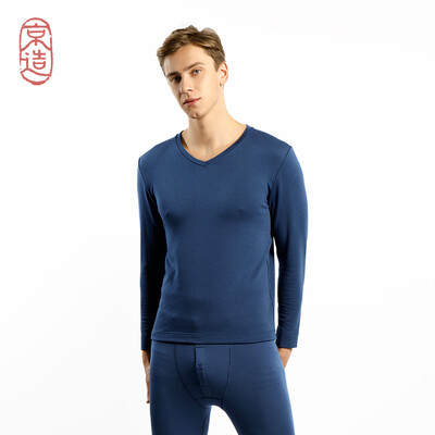 

JZAO mens thermal underwear wool thickening autumn clothes long pants warm suit sea dark blue V-neck  code