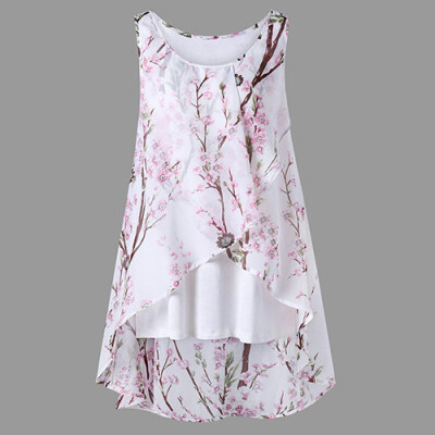 

PREISEI New Summer Women Sweet Elegant Print Tank Top Chiffon O-Neck Sleeveless Plus Size Long Camisole Ladies Tops DJDM001