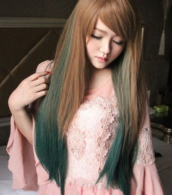 

Fashion wig female long straight hair linen gradient peacock green fake headgear