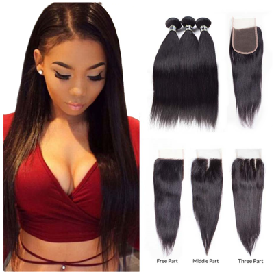 

Amazing Star Three Part Lace Closure with Bundles Brazilian Virgin Straight Hair with Closure Top Quality Human Hair with Closure