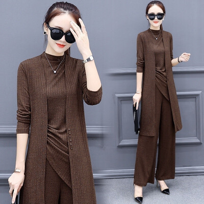 

2019 New Autumn Three Piece Set Of Fashionable Long Sleeved Ladies Wide Leg Trousers Suit Decorating Body Slim And Thin Temperame