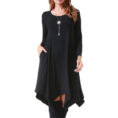 

Women Round Neck Long Sleeve Dress Medium Long Irregular Dress Irregular Hem Casual Dress