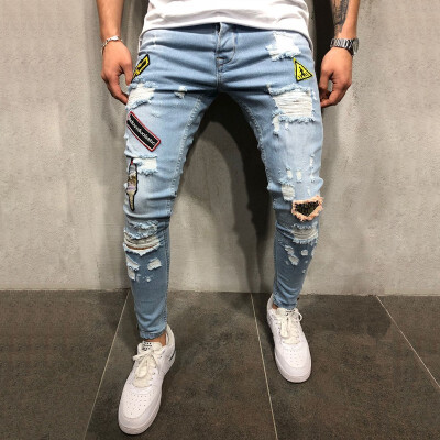 

New Fashion Mens Skinny Jeans Rip Slim fit Stretch Denim Distress Frayed Biker Scratchted Hollow out Long Jeans