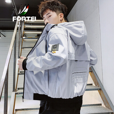 

Fuyi FORTEI jacket mens 2019 spring new slim stitching hooded solid color fashion trend coat jacket male 9033 gray L
