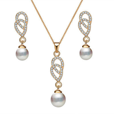 

Fashion Jewelry Set Pearl Embedded Diamond Pendant Necklace Earrings for Women Decoration