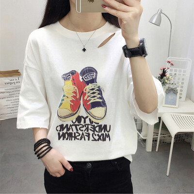 

JOY OF JOY Jingdong Womens 2019 Summer New Womens Han Fan T-Shirt Female Character Hole Short Sleeve Clothes Print Short Sleeve Women JWTD191831 White