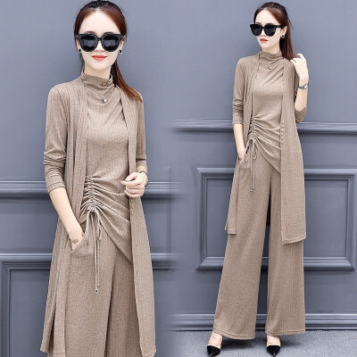 

2019 New Autumn Three Piece Set Of Fashionable Long Sleeved Ladies Wide Leg Trousers Suit Decorating Body Slim And Thin Temperame