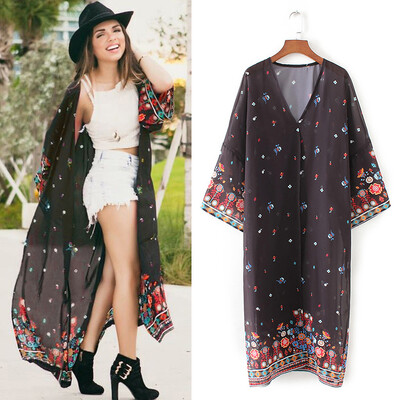 

Boho Women Chiffon Beach Kimono Floral Print Long Sleeve Loose Thin Gown Bikini Cover Up Cardigan