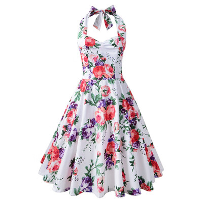 

Halter sexy backless print dress Hepburn style retro big skirt evening dress