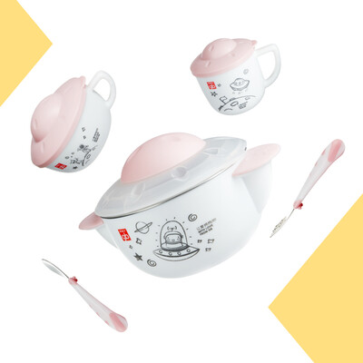 

Gb good childrens tableware complementary food bowl baby sucker bowl water injection insulation bowl single ear bowl water cup spoon fork stainless steel cutlery 5 piece set UFO series white