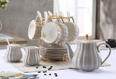 

Porcelain Gold Rim Coffee Tea Set Teapot Sugar Bowl Creamer Cups Infuser Holder Grey