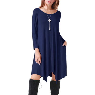 

Women Round Neck Long Sleeve Dress Medium Long Irregular Dress Irregular Hem Casual Dress