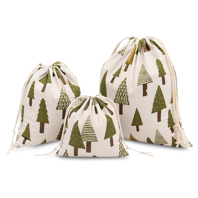 

3pcs Fresh Christmas Trees Printed Cotton Flax Tea Bag Storage Pouch