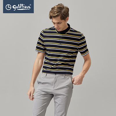 

Goldlion Goldlion 2019 Summer New Mens Dry Breathable Fashion Colorblock Striped Jacquard Lapel Short Sleeve T-Shirt Yellow