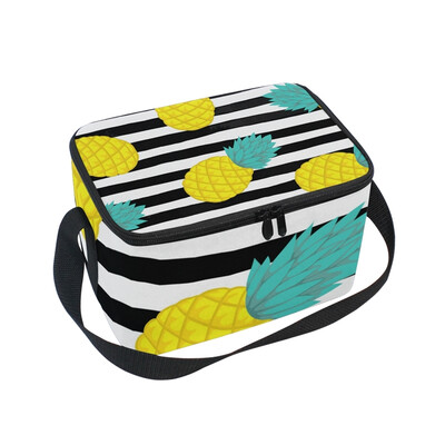 

ALAZA Lunch Box Insulated Pineapple On Black White Lunch Bag Large Cooler Tote Bag for Men Women