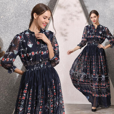 

L XL XXL beach new summer 2019 long maxi chiffon dress women half sleeve navy blue digital print vintage ankle length lady