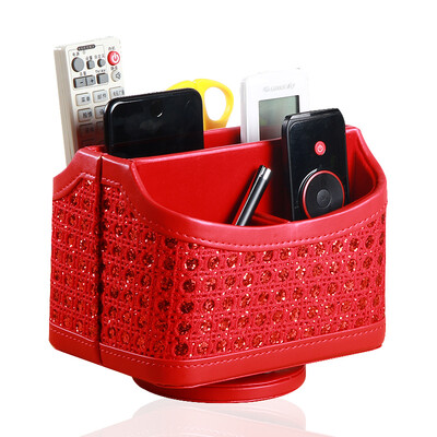 

Yapi Shi leather remote control storage box home living room coffee table desktop multi-function pen holder storage box rotating creative cosmetics storage box mobile phone storage seat diamond red