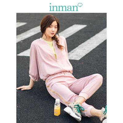 

INMAN 2019 spring new baseball collar casual jacket high waist slim loose beam foot sweatpants two-piece female 1891170554 meat pink S