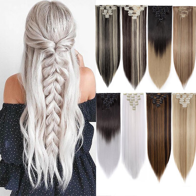 

17" Straight 8 Pcs Full Head Clip in Hair Extensions Synthetic 8 Piece 18 Clips Hairpiece Long Straight Trendy Design for Women