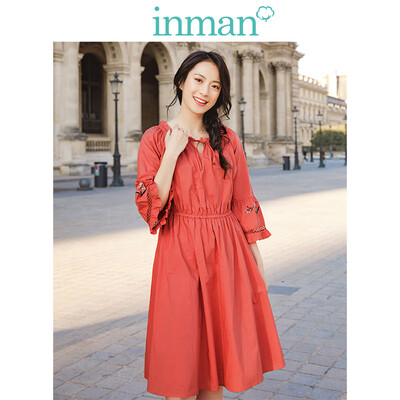

INMAN 2019 spring new round neck retro art waist slimming holiday wind loose A word dress female 1891104542 orange red M