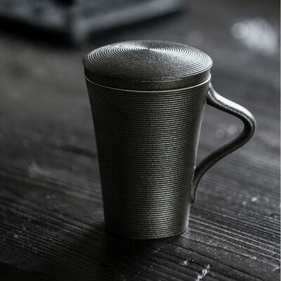 

Black Rotation Glazed Ceramic Mug With Lid & Infuser Teacup Coffee Cup 270ml 9oz
