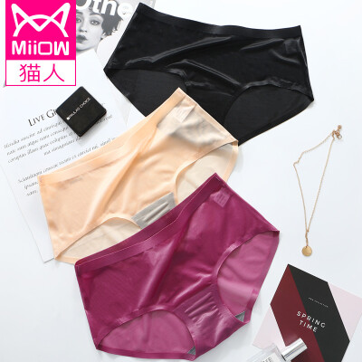 

Cat 3 pieces womens underwear thin section solid color comfortable seamless transparent womens underwear color black plum red M