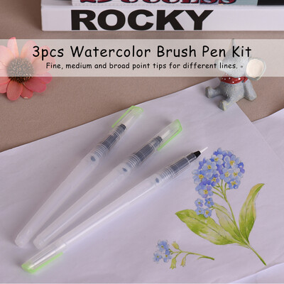 

3pcs Watercolor Brush Pen Kit Set Water Storage Nylon Hair Point Tips for Solid Color Powder Painting Drawing Calligraphy Artist