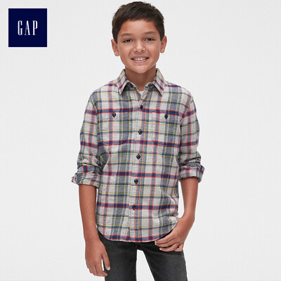 

GAP flagship store boy flannel check long-sleeved shirt 399507 light hemp gray