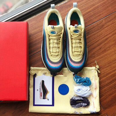 

97 Sean Wotherspoon Designer Shoes With Box 97s SW Vivid Sulfur Multi Yellow Blue Hybrid Running Shoes Men Women Sport Sneakers