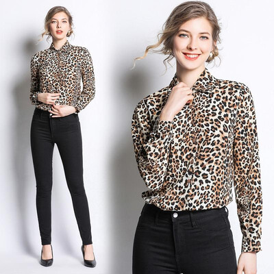 

S M L XL vintage new spring 2019 women blouse shirt long sleeve leopard print office top lady