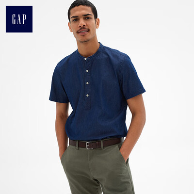 

GAP flagship store mens cotton youth cloth short-sleeved button half-open shirt 299801 dark washed old