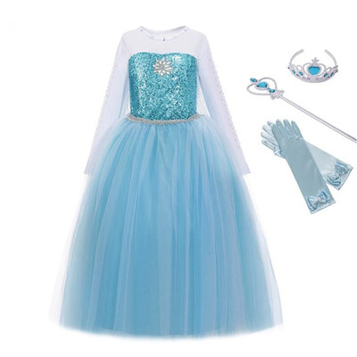 

MUABABY Girls Elsa Costume Blue Snow Queen Princess Dress up with Long Train Halloween Christmas Party Sequined Cosplay Fantasy