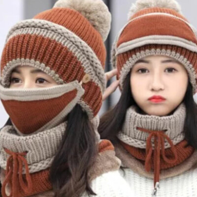 

Fashion Women Winter Beanies Knitted Hat Thickened Woolen Cap with Soft Warm Mask&Neck Scarf 3 Pieces Set