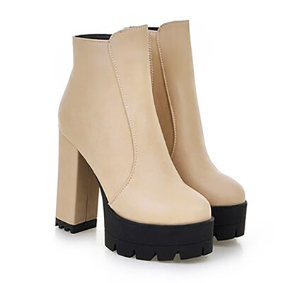 

IDIFU Womens Trendy Plain Round Toe Platform Short Boots Side Zipper Block High Heel Ankle Booties