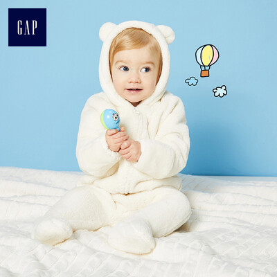 

GAP flagship store newborn cotton lining fleece bear ear hooded one piece jumpsuit 231470 ivory white 0-3M