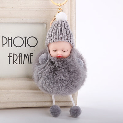 

ew cute fashion sleeping doll key chain 8 cm pompon rabbit hair ball sleep baby car key chain ladies bag pendant charm