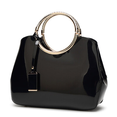

New Pattern Fashion Womens Bag PU Patent Leather Ellipse Inclined shoulder bag Pure color Handbag soft surface Hard handle The si