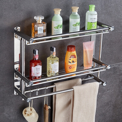 

Jiebi Shi bathroom rack towel rack stainless steel towel rack storage rack with hook free punch double layer double rod