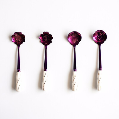 

STRUST 4pc set stainless steel porcelain Creative Flower coffee spoon set tea spoon set stirring spoon set