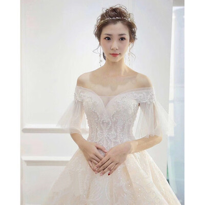 

Luxury Wedding Dress Short Batwing Sleeve Sexy V-neck Sweep Train Ball Gown Princess Wedding Dresses