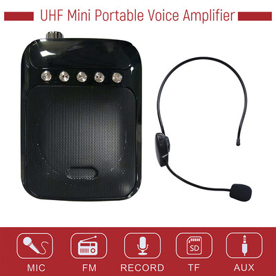 

UHF Mini Portable Voice Amp Amplifier Loudspeaker FM Radio with Wireless Headset Microphone Mic Support TF Card