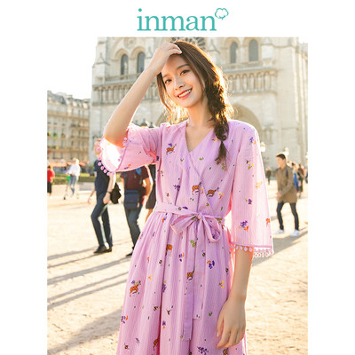 

INMAN 2019 spring new V-neck literary floral retro stripe waist slim loose A-line dress female 1891104283 pink