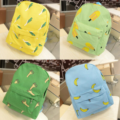 

New Fashion Women Canvas Backpack OK Hands Onion Banana Pattern Print Schoolbag Yellow