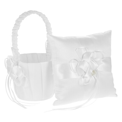 

7 7 inches Ivory White Satin Flower Bowknot Ring Bearer Pillow&Wedding Flower Girl Basket Set